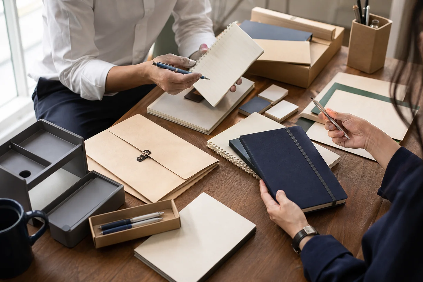 Professionals reviewing premium office stationery and supplies
